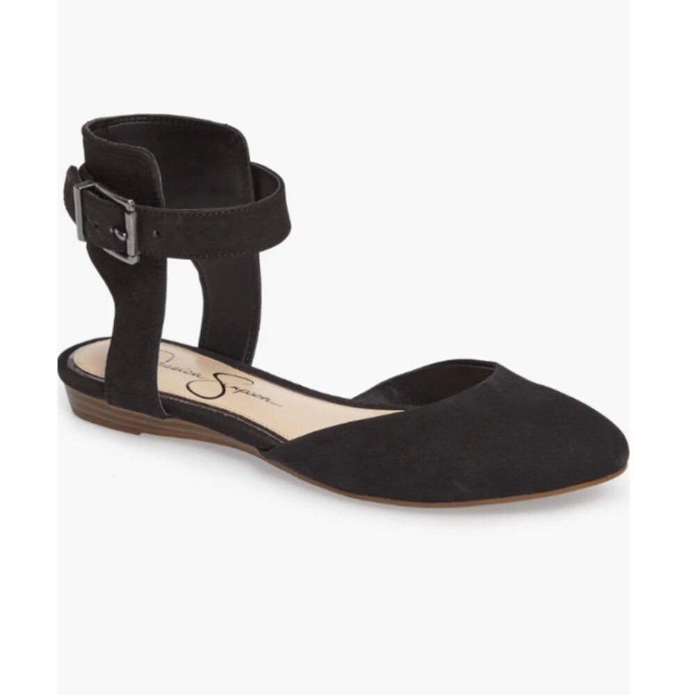 NWT JESSICA SIMPSON Women's Black Nubuck Suede Loranda Ankle Strap Flats Sz 6